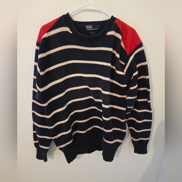 Polo Ralph Lauren Sweater Stripes Womens Size XL Red Shoulder Patches Cotton Hea - Picture 1 of 7